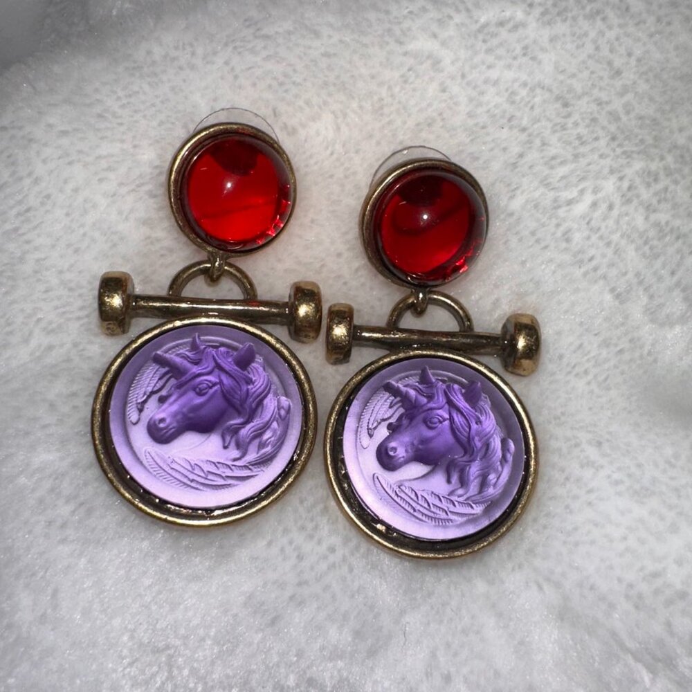 Vintage Gold Horse Head Intaglio Statement Earrings Purple Red